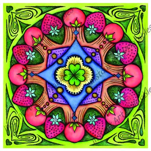 Fruity Mandala in Bright Colors, Created with Colored Pencils, Digital Printable art in three sizes.
