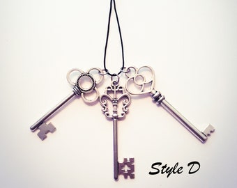 Silver Antique Skeleton Key Charm Keychains-Silver Colored Pewter Antique Skeleton Keys-Silver Key Talisman Altar Tools-Pagan Witch Charms