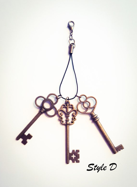 Bronze Antique Skeleton Key Charm Keychains-Bronze Colored Pewter Antique Skeleton Keys-Bronze Key Talisman Altar Tools-Pagan Witch Charms