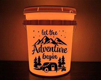 Let the Adventure Begin | Vinyl Decal | 5 Gallon Light Up Camp Bucket | LED Light & Remote | Mountain Camping | Mothers Day | Memorial Day