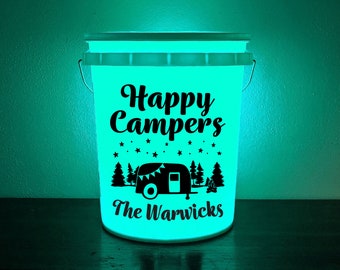 Happy Campers | 5 Gallon Light Up Camp Bucket | Vinyl Decal | LED Light with Remote | Cute Camper | Mother's Day Gift | Memorial Day