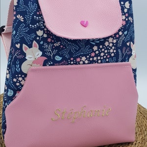 Sac à dos personnalisé fille tissu renard et simili cuir rose