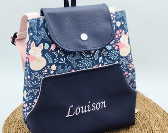 Sac à dos personnalisé fille renards et fleurs simili cuir bleu Marine