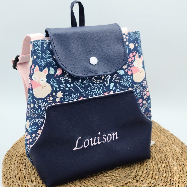 Sac à dos personnalisé fille renards et fleurs simili cuir bleu Marine