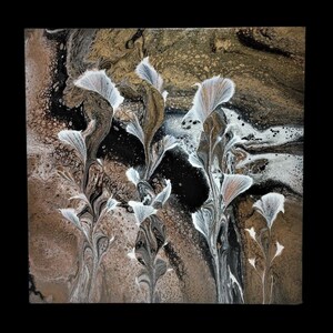May include: Abstract acrylic painting on canvas featuring stylized floral forms. The artwork uses a palette of black, white, and shades of brown and gold. The flowers have white petals and brown and gold accents.