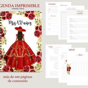Agenda para Quinceañera imprimible en español, Red Burgundy Charro Mis Quince Spanish printable planner
