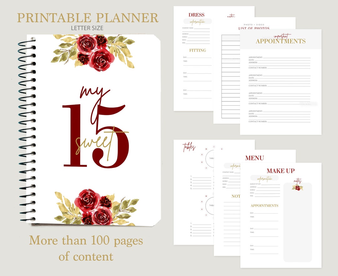 Quinceanera Printable Planner, Mis Quince Red Planner, Quinceañera