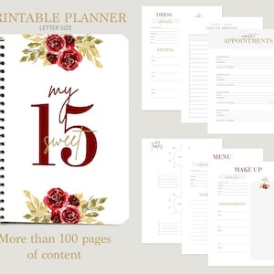 Quinceanera Printable Planner, Mis Quince red planner, Quinceañera digital planner