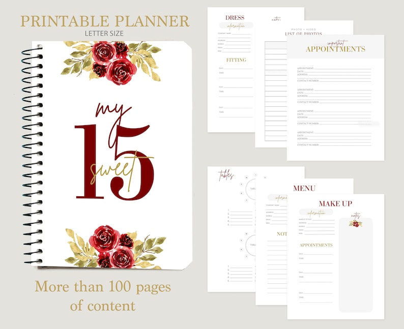 Quinceanera Printable Planner, Mis Quince Red Planner, Quinceañera