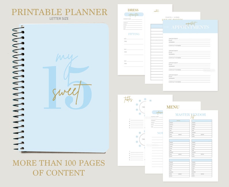 Quinceanera Printable Planner, Mis Quince Blue Planner, Quinceañera