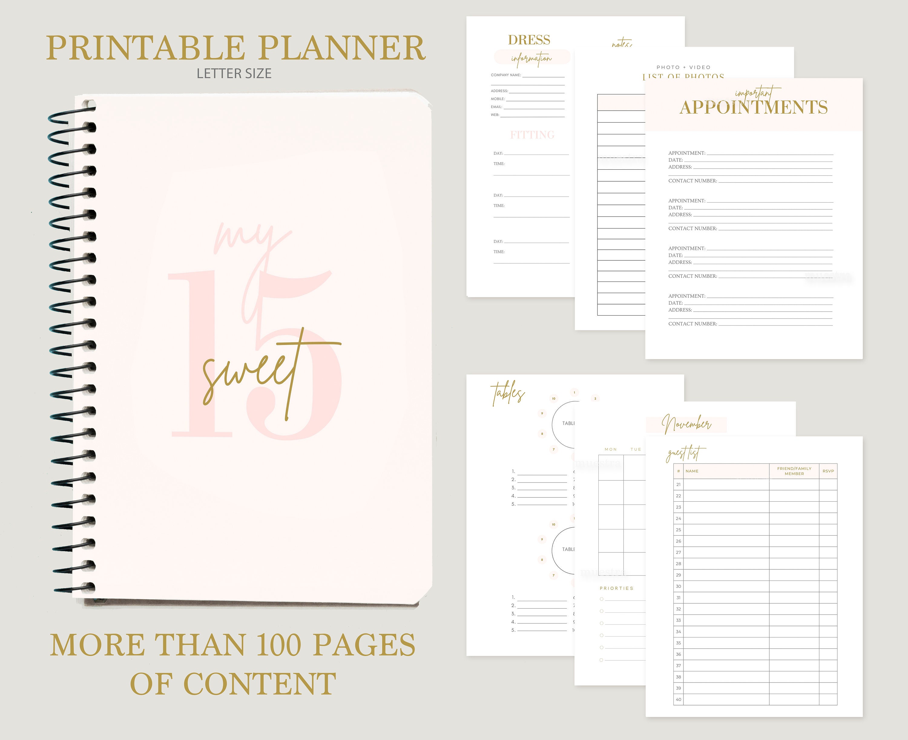 Quinceanera Printable Planner, Mis Quince Pink Planner, Quinceañera Digital Planner - Etsy