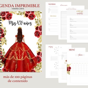 Agenda para Quinceañera imprimible en español, Red Quinceanera planner, Burgundy Charro Mis Quince Spanish printable planner