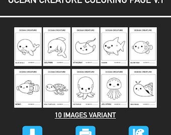 Meereskreatur Malseiten: Kinder Lernaktivität (PNG, PDF)