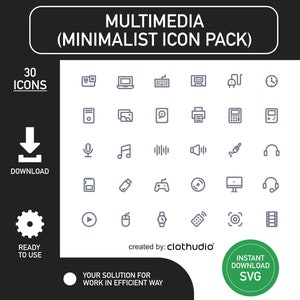 Multimedia Icon Pack, Minimalist Icon Pack, Digital Download, SVG Files, Simple Icon, Digital Asset, Time Saver File, Easy Download