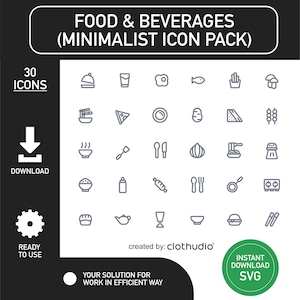 Food and Beverages Icon Pack, Minimalist Icon Pack, Digital Download, SVG Files, Simple Icon, Digital Asset, Time Saver File, Easy Download