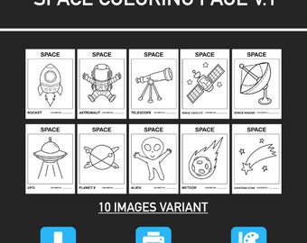 Weltall Malvorlagen: Lernspiel, 10 Bilder (PNG & PDF)