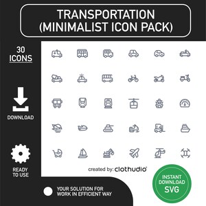 Transportation Icon Pack, Minimalist Icon Pack, Digital Download, SVG Files, Simple Icon, Digital Asset, Time Saver File, Easy Download