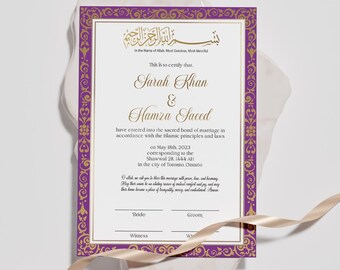 May include: Purple and gold wedding invitation with ornate borders. The text reads "This is to certify that Sarah Khan & Hamza Saeed have entered into the sacred bond of marriage in accordance with the Islamic principles and laws on May 18th, 2023 corresponding to the Shawwal 28, 1444 AH in the city of Toronto, Ontario."