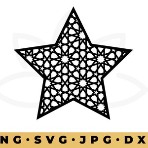 Może przedstawiać: Czarny wzór w kształcie gwiazdy z geometrycznym wzorem z przeplatających się gwiazd i kół.