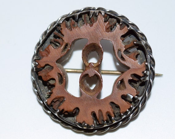 Antique Sterling Silver and Walnut Slice Brooch H… - image 1