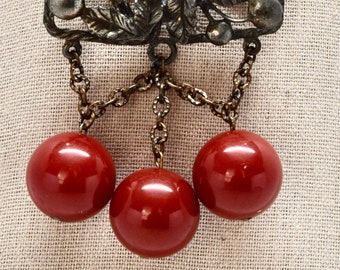 1940's Metal and Bakelite Cherries Dangle Brooch