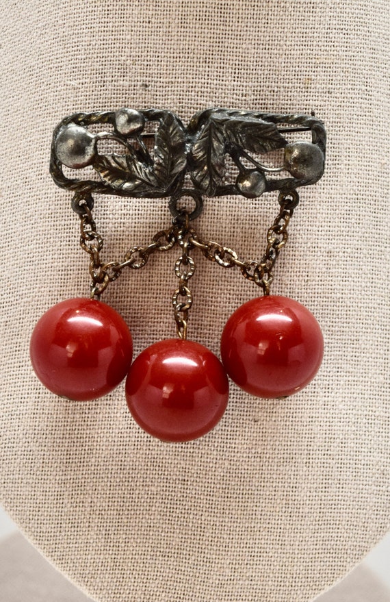 1940's Metal and Bakelite Cherries Dangle Brooch - image 1