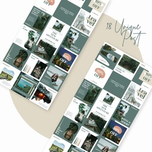 May include: A collage of 18 Instagram post templates featuring nature scenes, travel quotes, and sale announcements. The templates are in a green and white color scheme with a rustic aesthetic. The text includes "The New Adventure", "Hotel & Resort", "40% Off", "Aspire to Inspire", "10% Off", and "Travel".