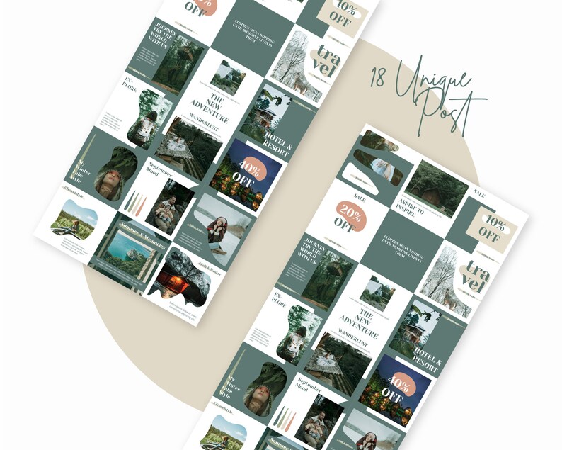 May include: A collage of 18 Instagram post templates featuring nature scenes, travel quotes, and sale announcements. The templates are in a green and white color scheme with a rustic aesthetic. The text includes "The New Adventure", "Hotel & Resort", "40% Off", "Aspire to Inspire", "10% Off", and "Travel".