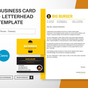 Modello di biglietto da visita e carta intestata per fast food, design di biglietti da visita per hamburger, carta intestata A4 modificabile Canva, kit di branding, download istantaneo