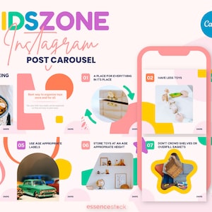 Publicaciones en carrusel de Instagram para Canva: Kidszone, publicación en carrusel de Canva para marca infantil, redes sociales, carrusel de IG, potenciador de compromiso, colorido