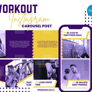 May include: Purple and yellow Instagram carousel post with tips for beginners on how to stick with their fitness goals. The post includes text such as "#1 Be clear on your fitness goals." and "#2 Plan when you will go to the gym."