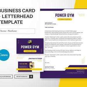Modello di biglietto da visita e carta intestata per fitness, allenamento, palestra, allenatore, design moderno per biglietti da allenatore, Canva modificabile per carta intestata, kit di branding