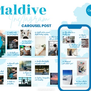 Instagram Carousel Posts for Canva — Maldive, Travel Instagram Post Templates, Travel Blogger, Canva Travel Template, Social Media Content