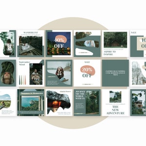 May include: A collage of 12 Instagram-style images featuring travel and nature themes. The images include a variety of landscapes, including forests, mountains, and lakes. The images also feature text overlays, such as "Wanderlust", "Aspire to Inspire", and "Travel".