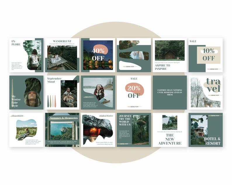 May include: A collage of 12 Instagram-style images featuring travel and nature themes. The images include a variety of landscapes, including forests, mountains, and lakes. The images also feature text overlays, such as "Wanderlust", "Aspire to Inspire", and "Travel".