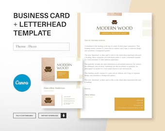 May include: A business card and letterhead template with a modern wood theme. The design features a brown armchair icon and the text "Modern Wood: Modern & Minimalist Design". The template is fully customizable and available for instant download.
