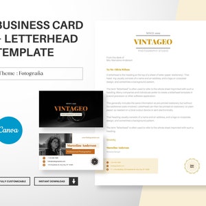 Modello di biglietto da visita e carta intestata per fotografo, design moderno di biglietti, carta intestata A4 modificabile Canva, kit di branding, download istantaneo