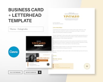 May include: A customizable business card and letterhead template for photographers. The template features a black and white photo of a camera lens and the text "VINTAGEO PHOTOGRAPHY STUDIO". The letterhead includes a sample letter with the text "From the desk of Mrs. Marceline Anderson" and "To Mr. Olivia Wilson".