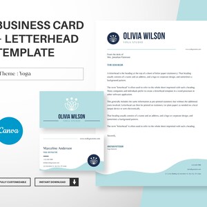 Modello di biglietto da visita e carta intestata per yoga, design di biglietti da visita per il benessere, carta intestata A4 modificabile Canva, kit di branding, download istantaneo