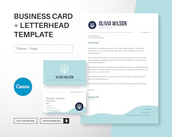 May include: A customizable business card and letterhead template with a yoga theme. The design features a blue and white lotus flower logo with the text "Olivia Wilson Yoga Studio". The letterhead includes a wavy blue design at the bottom.