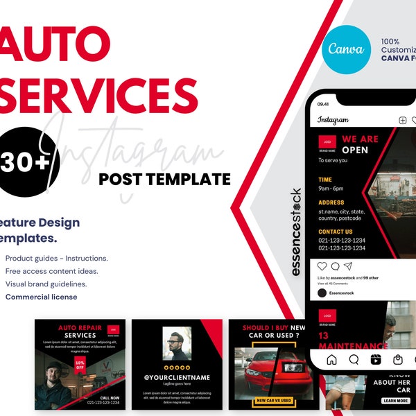 Auto Repair Shop INSTAGRAM POST — Automotive, Car Wash, Spare Parts, Car Shop, Modification, Engagement Booster, 30 Instagram Feed CANVA