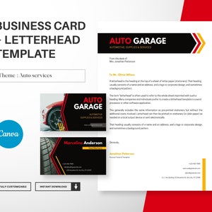 Modello di biglietto da visita e carta intestata per settore automobilistico, auto, design moderno di biglietti da visita Canva, carta intestata A4 modificabile Canva, download istantaneo