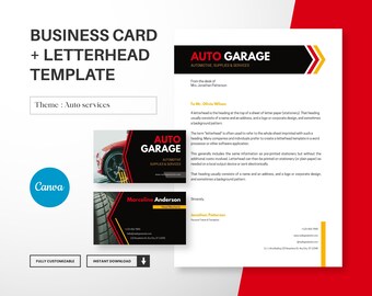 May include: A customizable business card and letterhead template for an auto garage. The template features a red and black color scheme with a car tire graphic. The text "Auto Garage" is displayed in a bold, white font. The letterhead includes a sample letter with the text "From the desk of Mrs. Jonathan Patterson" and "To Mr. Olivia Wilson".