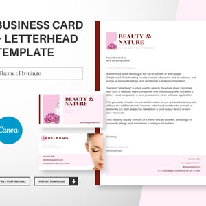Modello di biglietto da visita e carta intestata per bellezza, spa, design femminile per biglietti da visita Canva, carta intestata A4 modificabile Canva, download istantaneo