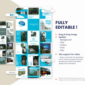 May include: A blue and white Instagram template with a grid of 16 squares. Each square features a different image of nature, travel, and adventure. The template is fully editable and includes text boxes for adding your own text. The text in the image reads "Fully Editable! Drag & Drop Image Update - Background - Text - Colors - Font - Size Not support for video - Keep in mind that this template is not for videos, because the puzzle template prioritizes information display and visual layout Keep in mind that the photos from cover image are not included in the template"