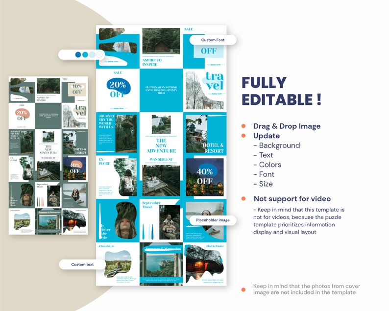 May include: A blue and white Instagram template with a grid of 16 squares. Each square features a different image of nature, travel, and adventure. The template is fully editable and includes text boxes for adding your own text. The text in the image reads "Fully Editable! Drag & Drop Image Update - Background - Text - Colors - Font - Size Not support for video - Keep in mind that this template is not for videos, because the puzzle template prioritizes information display and visual layout Keep in mind that the photos from cover image are not included in the template"