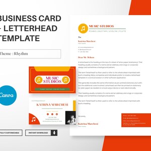Modello di biglietto da visita e carta intestata per musica, design creativo di biglietti colorati, carta intestata A4 modificabile Canva, kit di branding, download istantaneo