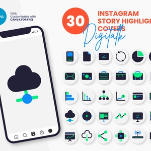 May include: A set of 30 Instagram story highlight covers featuring various icons in black, green, and blue. The icons include a cloud, a checkmark, a briefcase, a pie chart, a dollar sign, a graph, a target, a computer screen, a network, a share icon, a chip, a wifi symbol, and a folder. The text "INSTAGRAM STORY HIGHLIGHT COVERS" and "Digitalk" are also included in the image.