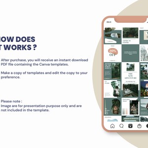 May include: A phone screen displaying a grid of nine Instagram posts with a nature theme. The posts feature images of forests, mountains, and travel destinations. The text on the posts includes "Travel", "Adventure", "Hotel & Resort", and "40% Off".