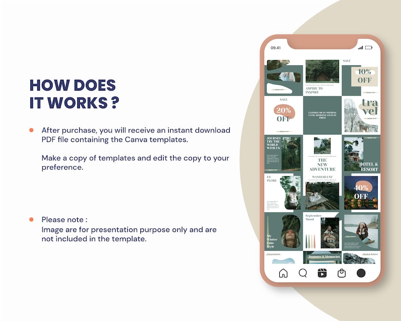 May include: A phone screen displaying a grid of nine Instagram posts with a nature theme. The posts feature images of forests, mountains, and travel destinations. The text on the posts includes "Travel", "Adventure", "Hotel & Resort", and "40% Off".